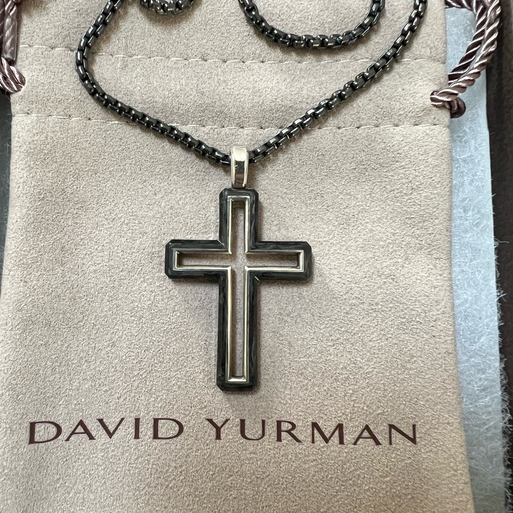 David Yurman forged carbon cross with box chain